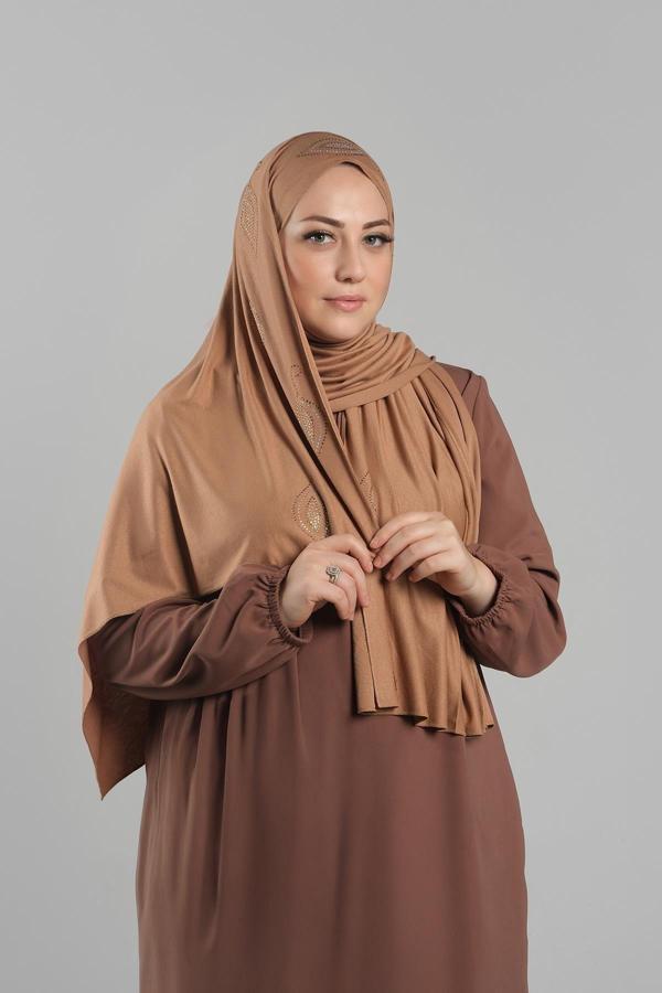 Hürrem Bone Sütlü Kahve Kristal Taşlı Şal Viskon Yaprak Desenli 202118_26 - Image 1