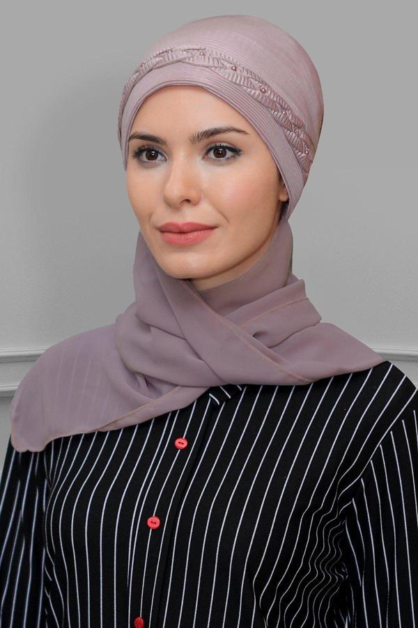 Hürrem Bone Violet Pratik Hazır Geçmeli Tesettür Bone Fukuro Piliseli Örgülü Şifon Atkılı 1825A_21 - Image 1