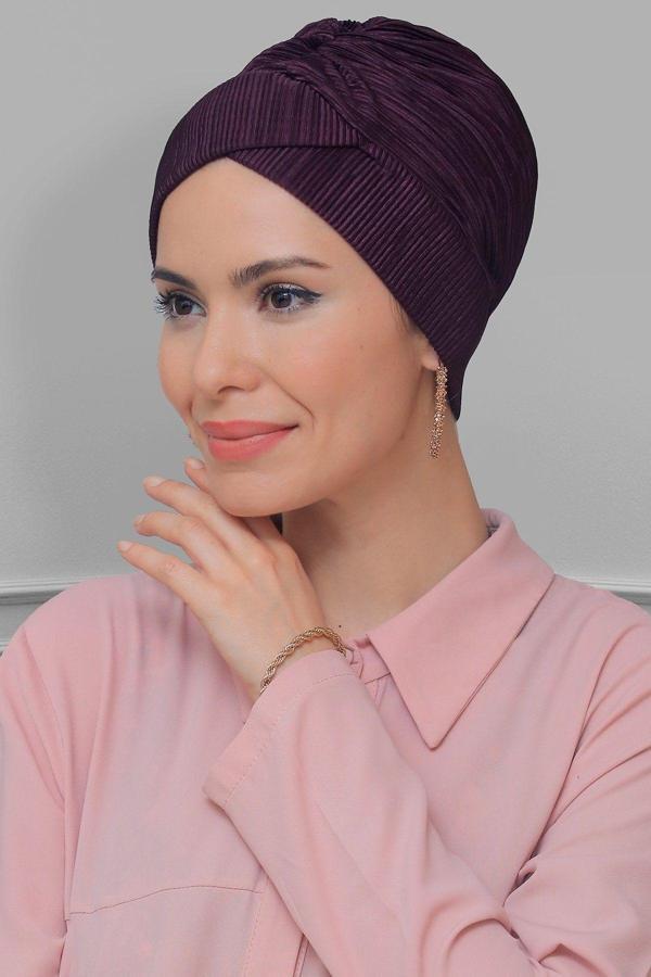 Hürrem Bone Mürdüm Pratik Hazır Geçmeli Tesettür Bone Fukuro Piliseli Çapraz Büzgülü 1822_07 - Image 1