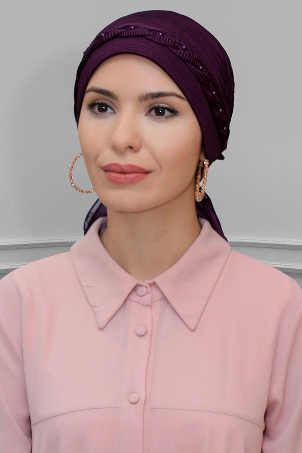 Hürrem Bone Mürdüm Pratik Hazır Geçmeli Tesettür Bone Fukuro Piliseli Örgülü Güllü 1823_07 - Image 1