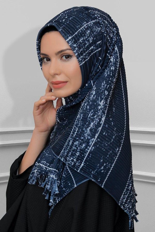 Hürrem Bone Lacivert Pratik Hazır Geçmeli Tesettür Eşarp Kesik Elyaf Piliseli Çizgili Desenli 1818D2_02 - Image 1