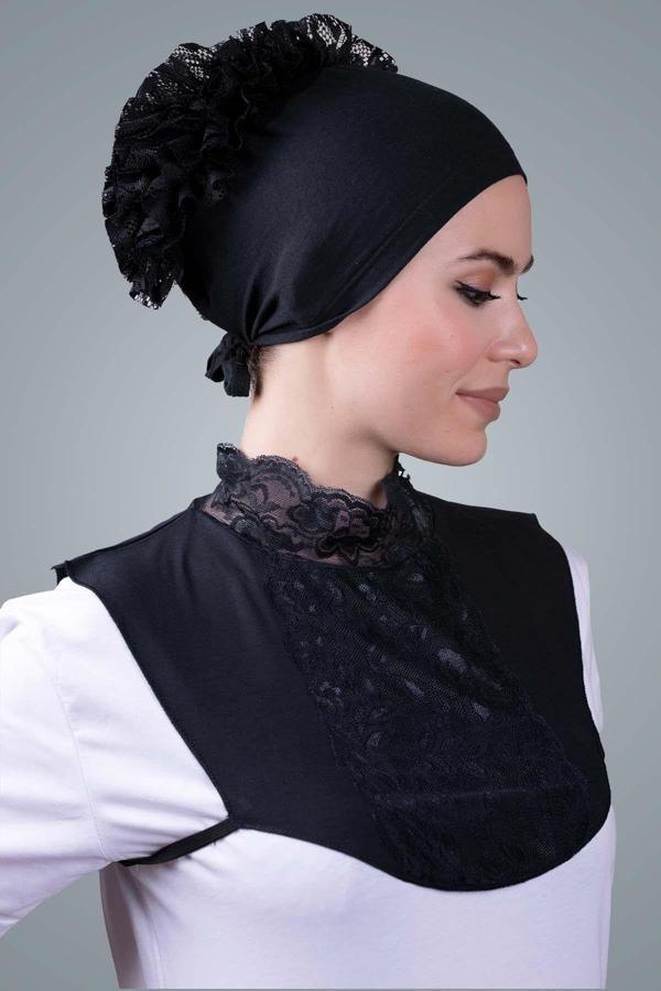 Hürrem Bone Siyah Tesettür Boyunluk Viskon Kumaş Göğüs Dantelli 1005_01 - Image 1