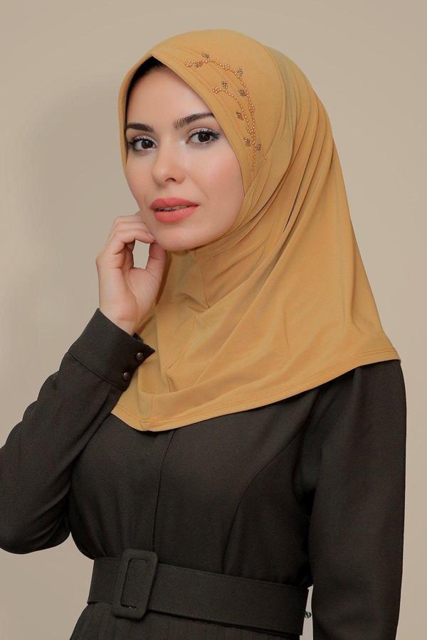 Hürrem Bone Gold Pratik Hazır Geçmeli Tesettür Eşarp Sandy Kumaş Elişi Çiçek Işlemeli Laleli 1603_03 - Image 1