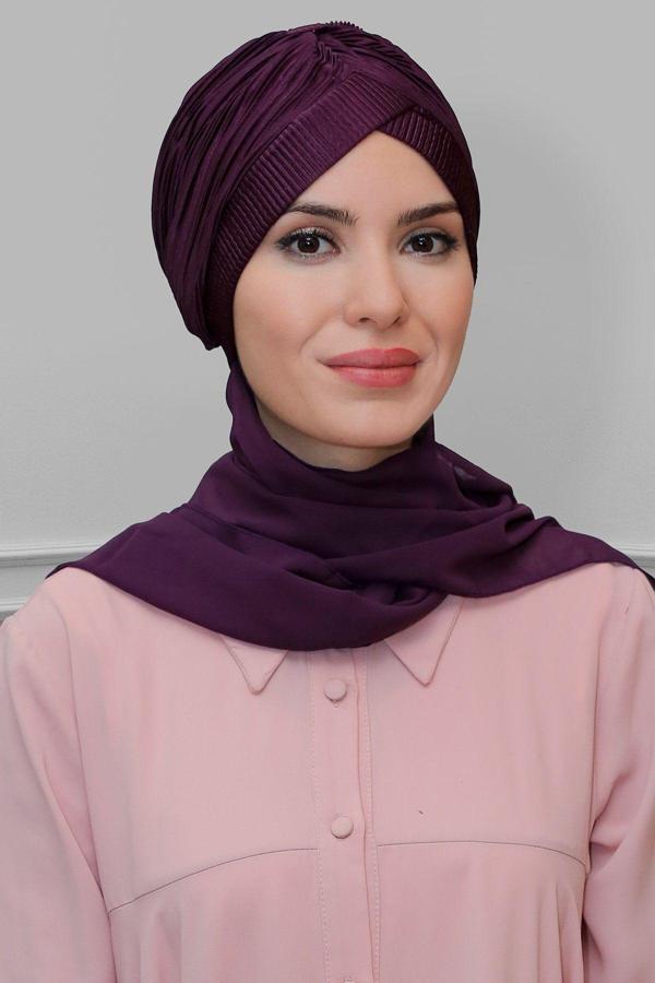 Hürrem Bone Mürdüm Pratik Hazır Geçmeli Tesettür Bone Fukuro Piliseli Tek Çapraz Büzgülü Şifon Atkılı 1824A_07 - Image 1