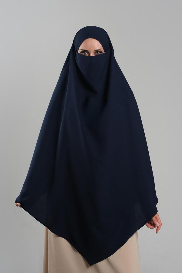 Hürrem Bone Lacivert Pratik Hazır Geçmeli Tesettür Eşarp Krep Bağcıklı Sufle Hijab 2313_02 - Image 1