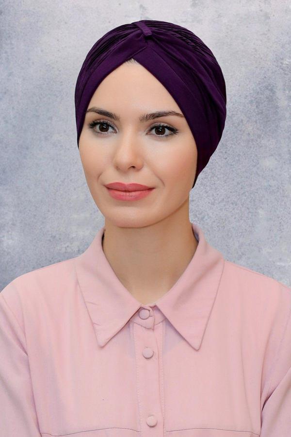 Hürrem Bone Mürdüm Pratik Hazır Geçmeli Tesettür Bone Fukuro Sandy Kumaş Büzgülü 1831_07 - Image 1