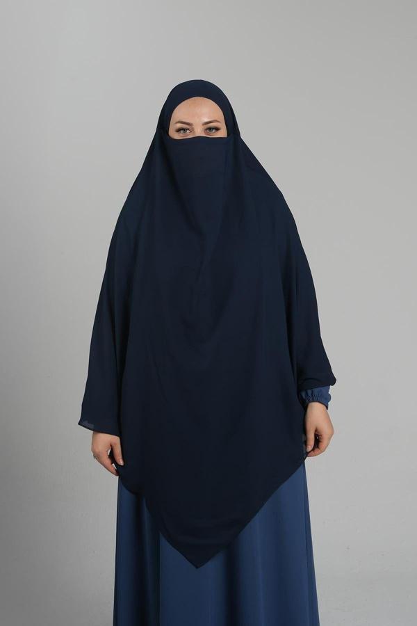 Hürrem Bone Lacivert Pratik Hazır Geçmeli Tesettür Eşarp Medine İpeği Bağcıklı Sufle Hijab 2301_02 - Image 1