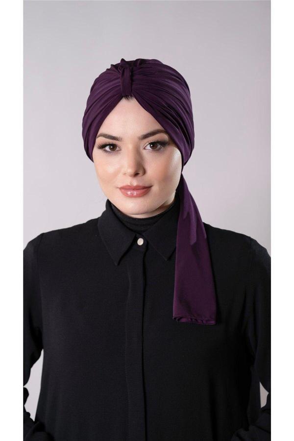 Hürrem Bone Mürdüm Pratik Hazır Geçmeli Tesettür Bone Sandy Kumaş Atkılı 2204_07 - Image 1