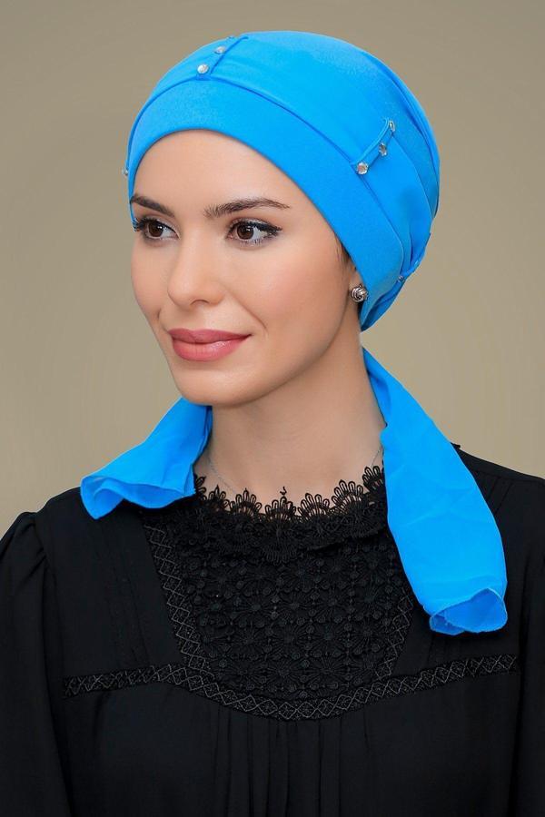Hürrem Bone Bebe Mavisi Pratik Hazır Geçmeli Tesettür Bone Sandy Kumaş Kemerli Taşlı 1205_11 - Image 1