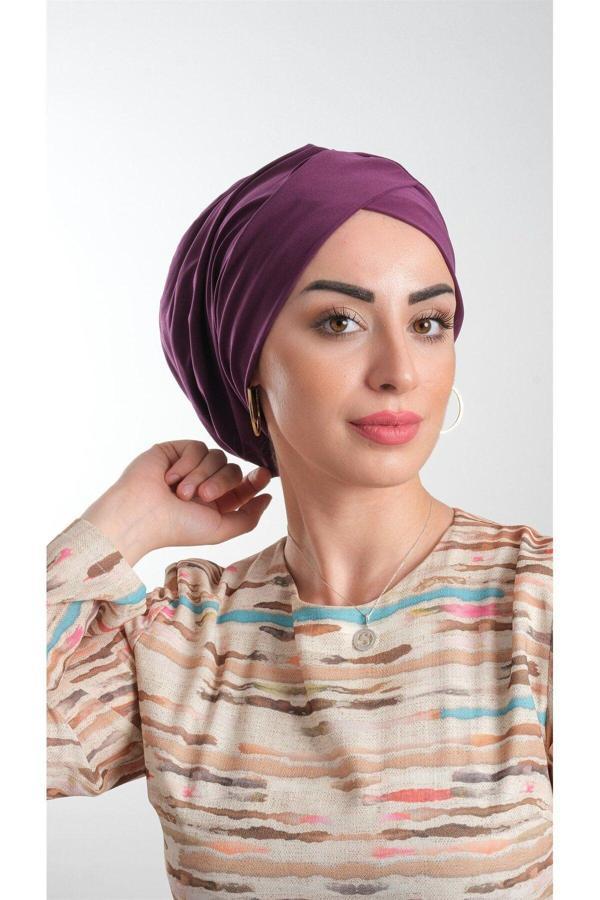 Hürrem Bone Mürdüm Pratik Hazır Geçmeli Tesettür Bone Sandy Kumaş Büzgülü 2114_07 - Image 1