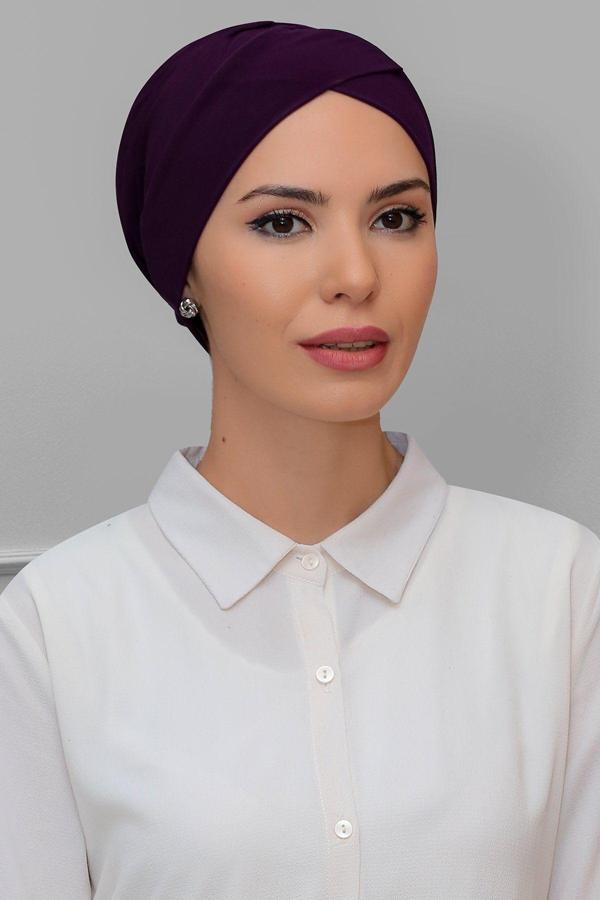 Hürrem Bone Mürdüm Pratik Hazır Geçmeli Tesettür Bone Sandy Kumaş Çapraz Büzgülü 1801_07 - Image 1