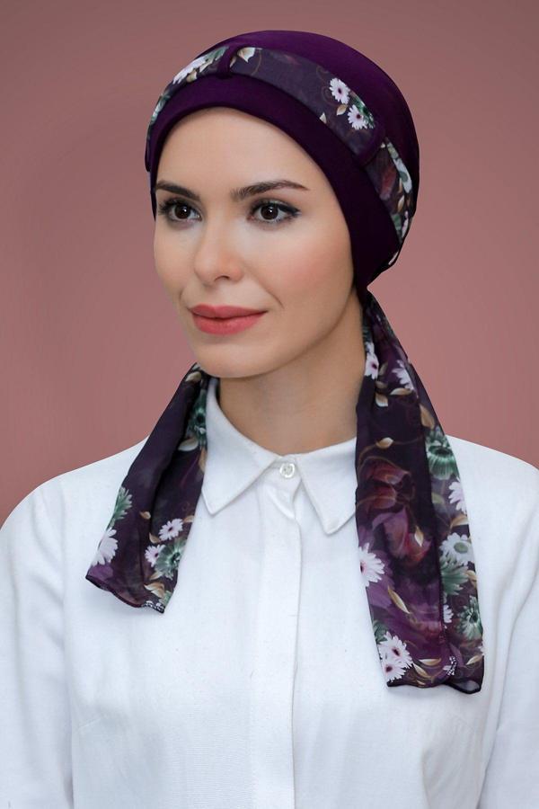 Hürrem Bone Mürdüm Pratik Hazır Geçmeli Tesettür Bone Sandy Kumaş Desenli Şifon Kemerli 1205D_07 - Image 1