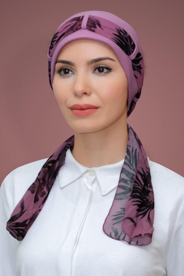 Hürrem Bone Gül Kurusu Pratik Hazır Geçmeli Tesettür Bone Sandy Kumaş Desenli Şifon Kemerli 1205D_18 - Image 1