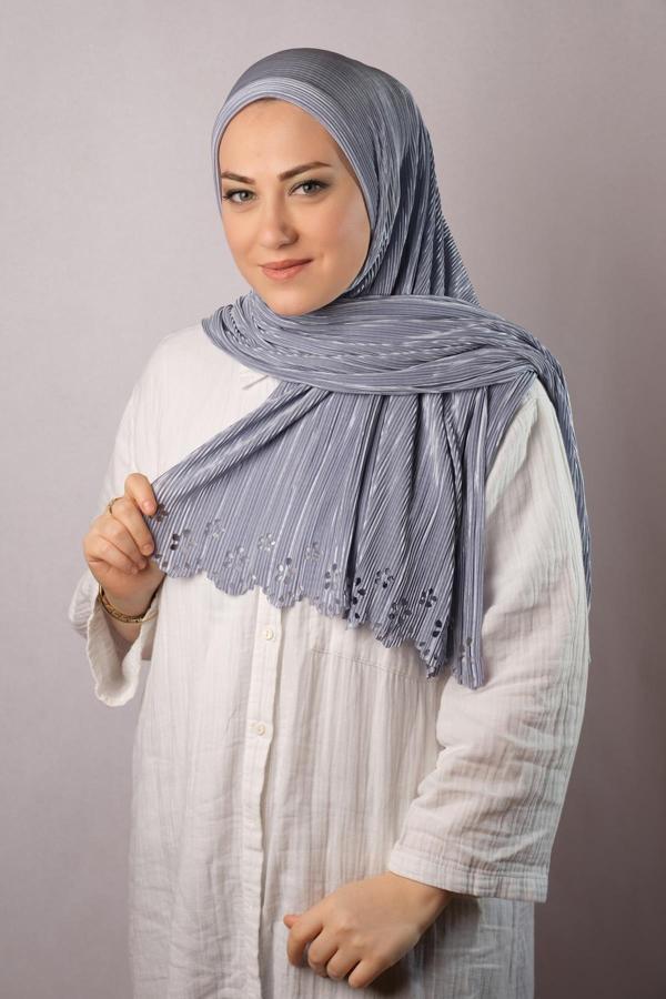 Hürrem Bone Gri Pratik Hazır Geçmeli Tesettür Eşarp Fukuro Piliseli Çiçek Desenli Lazer Kesim 1819_15 - Image 1
