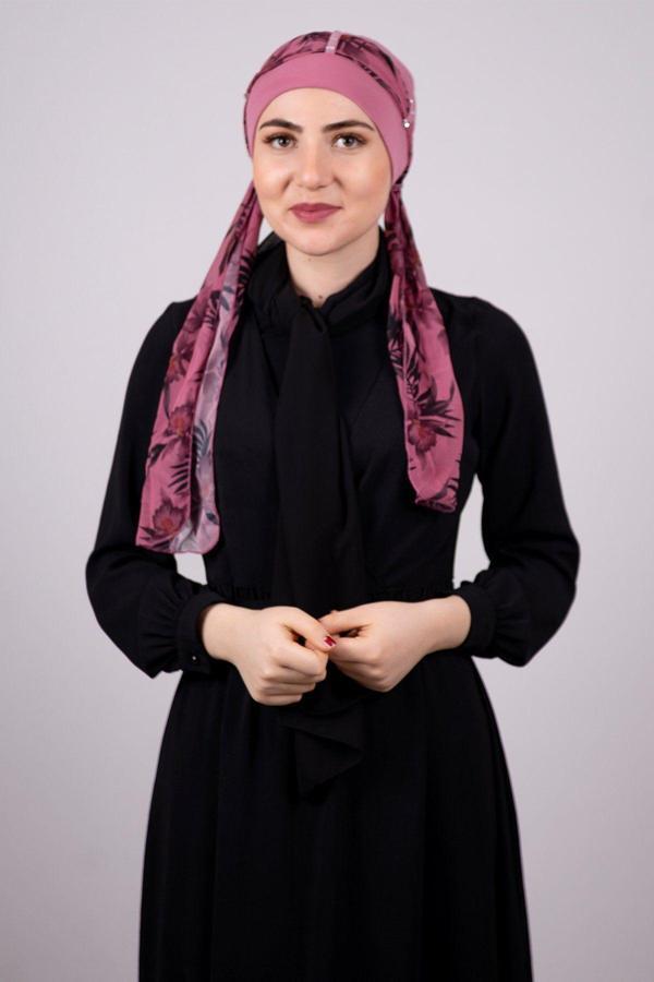 Hürrem Bone Gül Kurusu Pratik Hazır Geçmeli Tesettür Bone Sandy Kumaş Desenli Şifon Kemerli 1305D_18 - Image 1