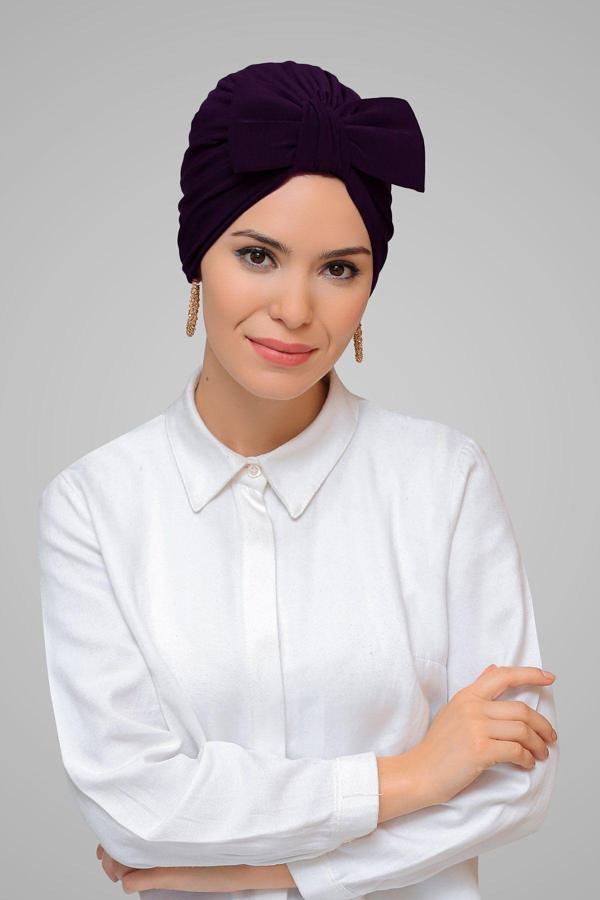 Hürrem Bone Mürdüm Pratik Hazır Geçmeli Tesettür Bone Sandy Kumaş Fiyonklu Büzgülü 7006_07 - Image 1