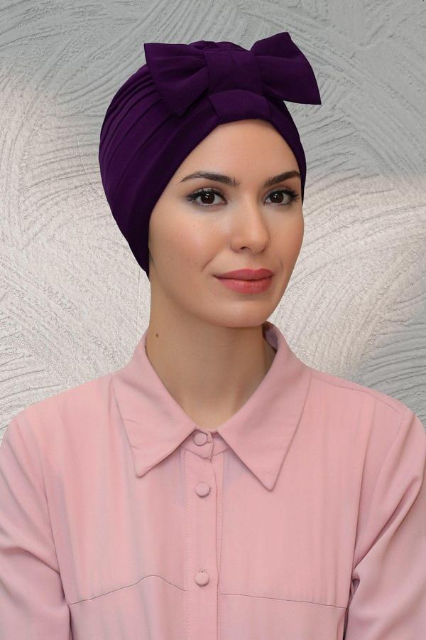 Hürrem Bone Mürdüm Pratik Hazır Geçmeli Tesettür Bone Sandy Kumaş Fiyonklu Büzgülü 7010_07 - Image 1