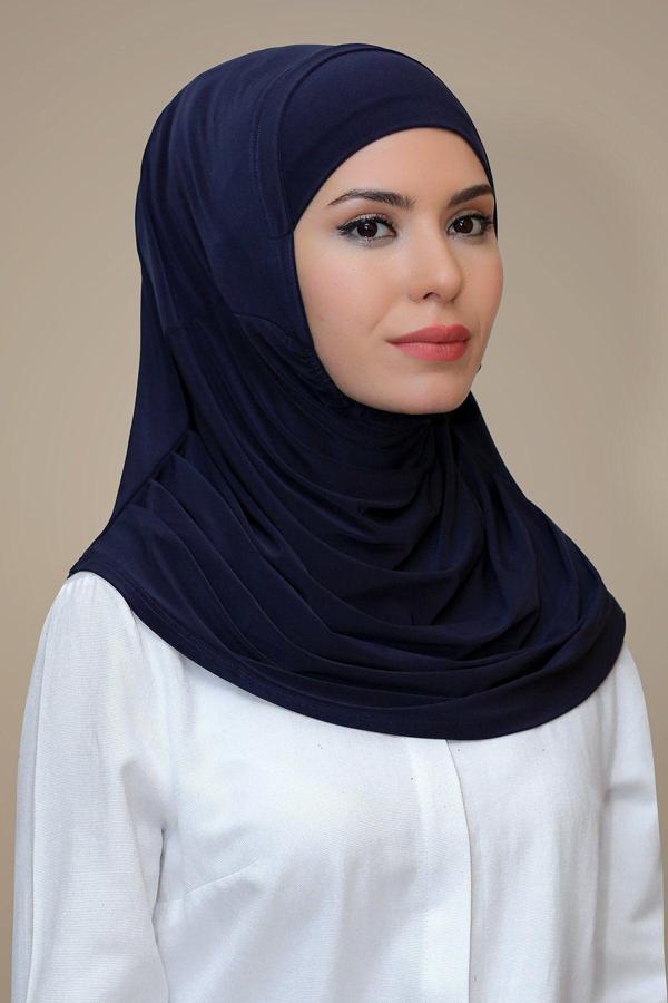 Hürrem Bone Lacivert Pratik Hazır Geçmeli Tesettür Eşarp Sandy Kumaş Kendinden Boneli 1290_02 - Image 1