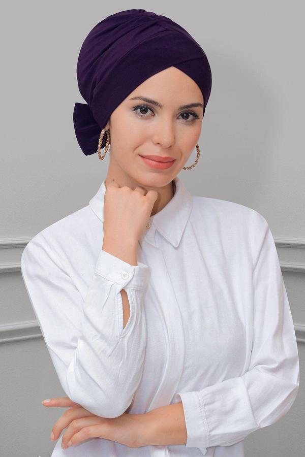 Hürrem Bone Mürdüm Pratik Hazır Geçmeli Tesettür Bone Sandy Kumaş Fiyonklu Çift Taraflı Tek Çapraz 1833_07 - Image 1