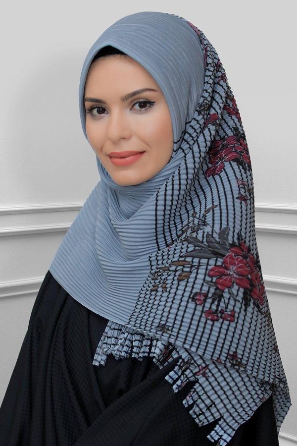 Hürrem Bone Gri Pratik Hazır Geçmeli Tesettür Eşarp Kesik Elyaf Piliseli Çiçek Desenli 1818D1_15 - Image 1
