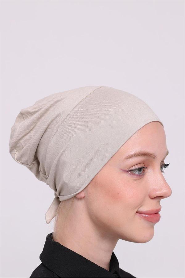 Hürrem Bone Bej Arkadan Bağlamalı Tesettür Bone Viskon Kumaş Dikişsiz Geçmeli Likralı İç Bone 3010_12 - Image 1