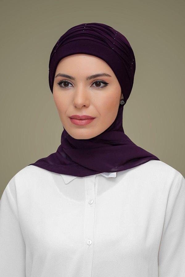 Hürrem Bone Mürdüm Pratik Hazır Geçmeli Tesettür Bone Sandy Kumaş Incili Nervürlü Güllü Atkılı 1805A_07 - Image 1