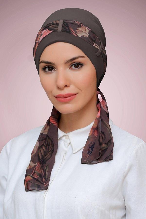 Hürrem Bone Vizon Pratik Hazır Geçmeli Tesettür Bone Sandy Kumaş Desenli Şifon Kemerli 1205D_10 - Image 1