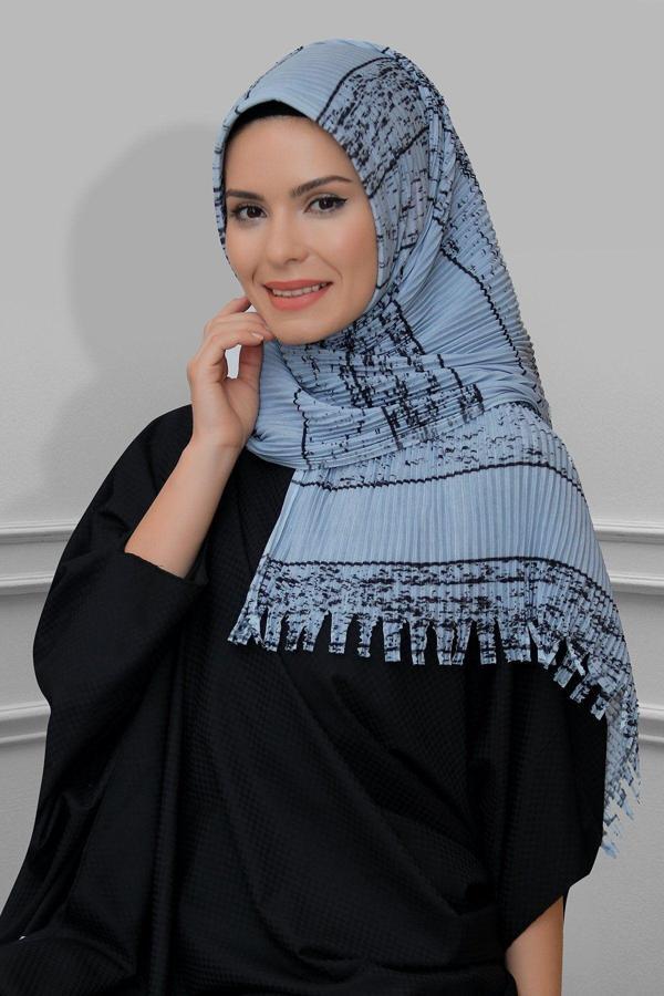 Hürrem Bone Gri Pratik Hazır Geçmeli Tesettür Eşarp Kesik Elyaf Piliseli Çizgili Desenli 1818D2_15 - Image 1