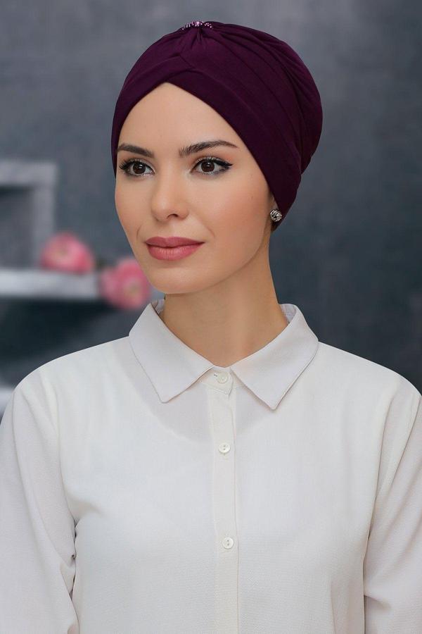 Hürrem Bone Mürdüm Pratik Hazır Geçmeli Tesettür Bone Sandy Kumaş Taçlı Büzgülü 1208_07 - Image 1