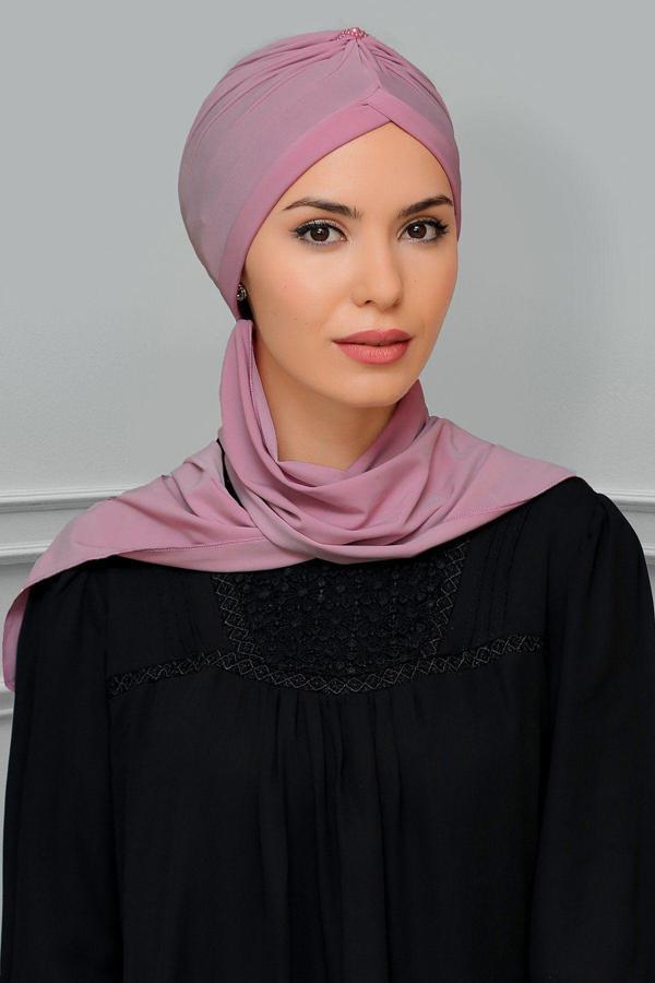 Hürrem Bone Gül Kurusu Pratik Hazır Geçmeli Tesettür Bone Sandy Kumaş Taçlı Büzgülü Şifon Atkılı 1208A_18 - Image 1
