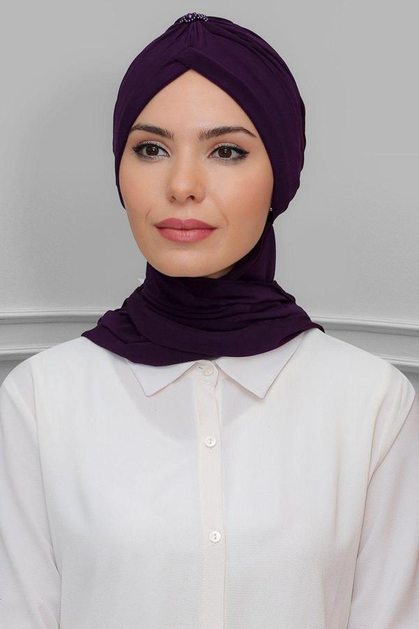 Hürrem Bone Mürdüm Pratik Hazır Geçmeli Tesettür Bone Sandy Kumaş Taçlı Büzgülü Şifon Atkılı 1208A_07 - Image 1