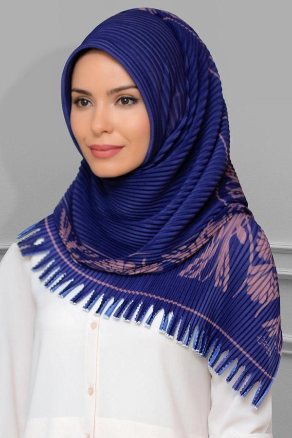 Hürrem Bone Lacivert-Pudra Pratik Hazır Geçmeli Tesettür Eşarp Kesik Elyaf Piliseli Çiçek Desenli 1818D3_206 - Image 1