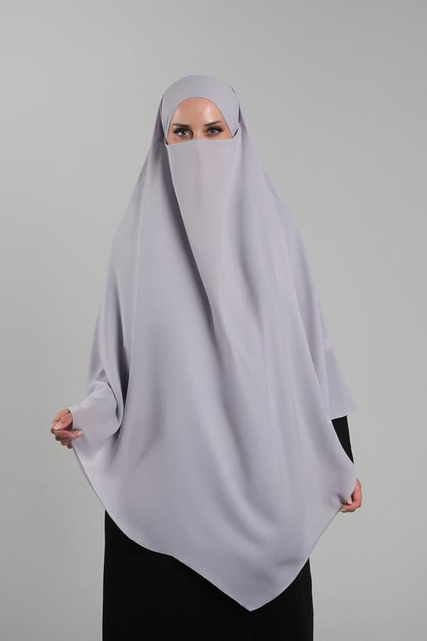 Hürrem Bone Gri Pratik Hazır Geçmeli Tesettür Eşarp Krep Bağcıklı Çift Katlı Sufle Hijab 2314_15 - Image 1