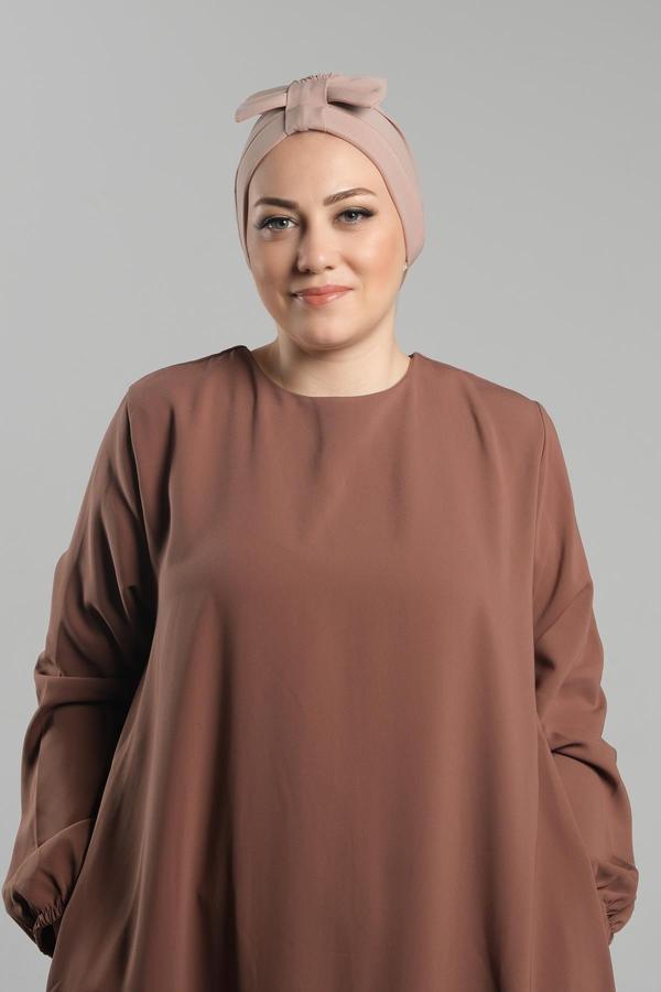 Hürrem Bone Bej Pratik Hazır Geçmeli Fiyonklu Bone Sandy Çift Taraflı Çapraz 3007B_12 - Image 1