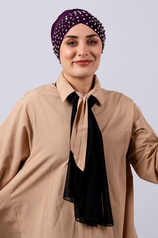 Hürrem Bone Mürdüm Pratik Hazır Geçmeli Tesettür Bone Sandy Kumaş Taşlı 1456_07 - Image 1