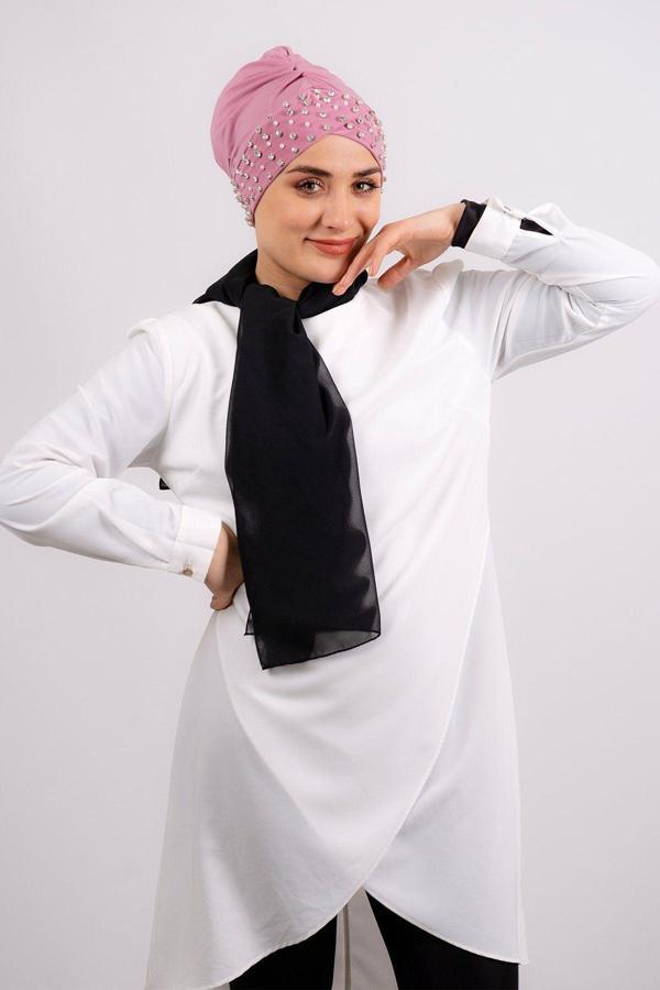 Hürrem Bone Gül Kurusu Pratik Hazır Geçmeli Tesettür Bone Sandy Kumaş Taşlı 1456_18 - Image 1