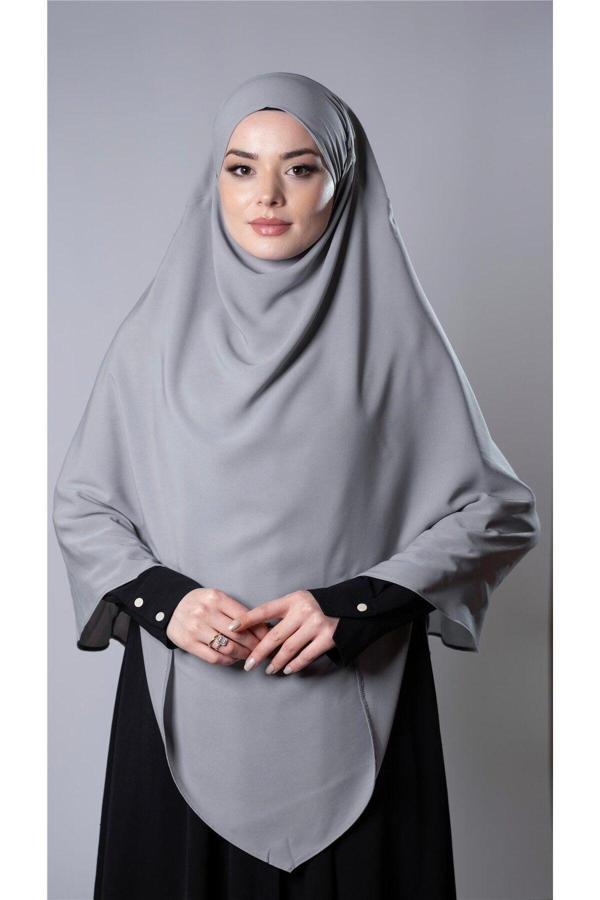 Hürrem Bone Gri Pratik Hazır Geçmeli Tesettür Eşarp Medine İpeği Bağcıklı Çift Katlı Sufle Hijab 2302_15 - Image 1