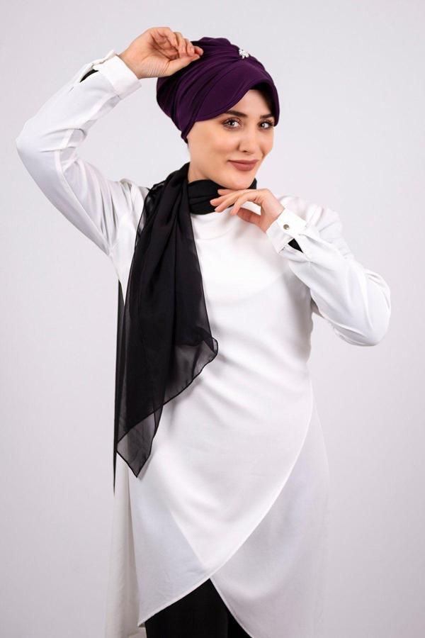 Hürrem Bone Mürdüm Pratik Hazır Geçmeli Tesettür Bone Viskon Kumaş Şapkalı Aksesuarlı 2104_07 - Image 1