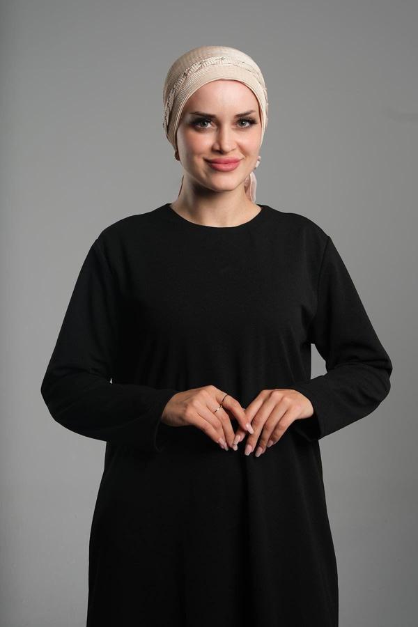 Hürrem Bone Bej Pratik Hazır Geçmeli Tesettür Bone Fukuro Piliseli Örgülü Güllü 1823_12 - Image 1