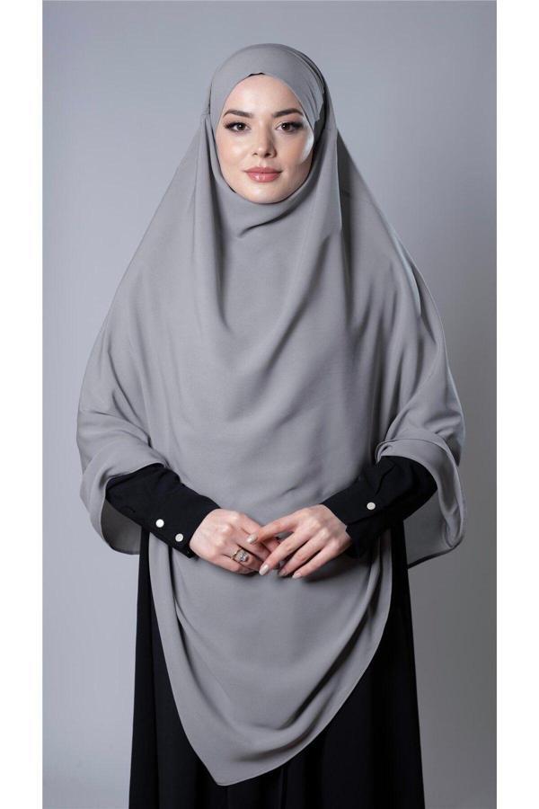 Hürrem Bone Gri Pratik Hazır Geçmeli Tesettür Eşarp Medine İpeği Bağcıklı Sufle Hijab 2301_15 - Image 1