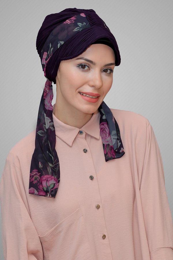 Hürrem Bone Mürdüm Şapkalı Tesettür Bone Kesik Elyaf Desenli Şifon Kemerli 1902_07 - Image 1