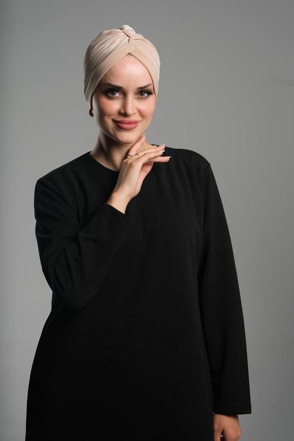 Hürrem Bone Bej Pratik Hazır Geçmeli Tesettür Bone Fukuro Sandy Kumaş Büzgülü 1831_12 - Image 1