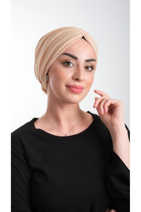 Hürrem Bone Bej Pratik Hazır Geçmeli Tesettür Bone Fukuro Simli Büzgülü 2116_12 - Image 1