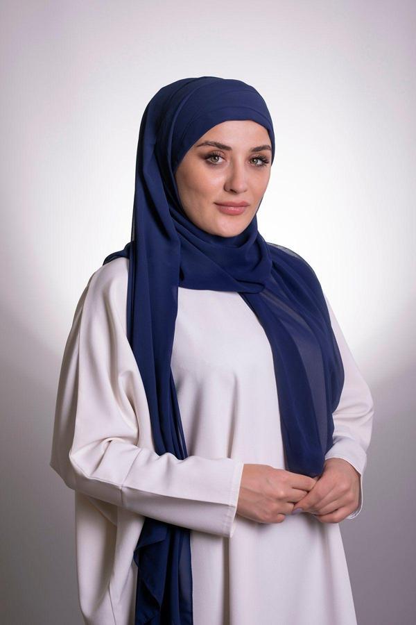 Hürrem Bone Lacivert Pratik Hazır Geçmeli Bone Şal Şifon Çapraz 2001_02 - Image 1