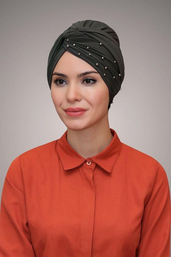 Hürrem Bone Haki Pratik Dolama Tesettür Bone Sandy Kumaş Boncuklu 1870_09 - Image 1