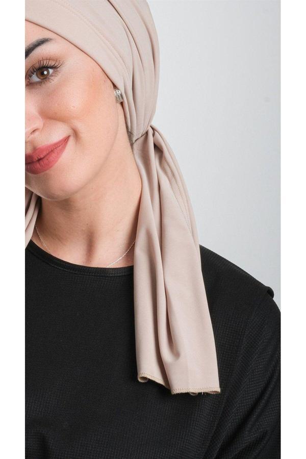 Hürrem Bone Bej Pratik Hazır Geçmeli Tesettür Bone Kesik Elyaf Sade 2111_12 - Image 1
