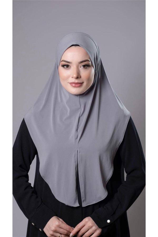 Hürrem Bone Gri Pratik Hazır Geçmeli Tesettür Eşarp Sandy Kumaş Yırtmaçlı Düz Hijab 2310_15 - Image 1