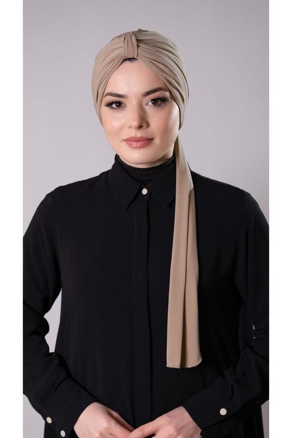 Hürrem Bone Bej Pratik Hazır Geçmeli Tesettür Bone Sandy Kumaş Atkılı 2204_12 - Image 1