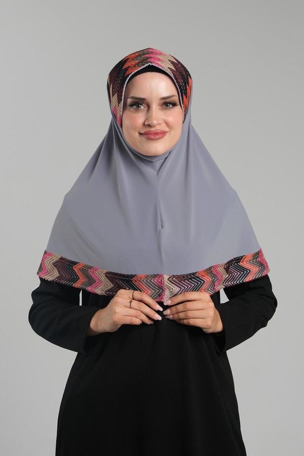 Hürrem Bone Gri Pratik Hazır Geçmeli Tesettür Eşarp Sandy Renkli Desenli Fileli 2401_15 - Image 1