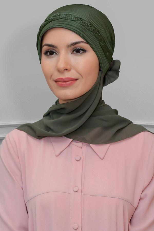 Hürrem Bone Haki Pratik Hazır Geçmeli Tesettür Bone Fukuro Piliseli Örgülü Şifon Atkılı 1825A_09 - Image 1
